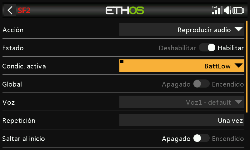 Reproducir valor con batería baja