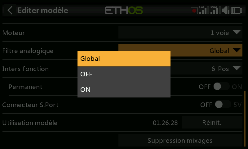 Options du filtre analogique