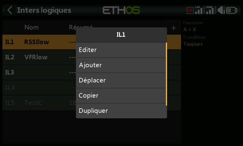 Menu des interrupteurs logiques