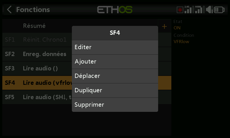 Menu des fonctions spéciales