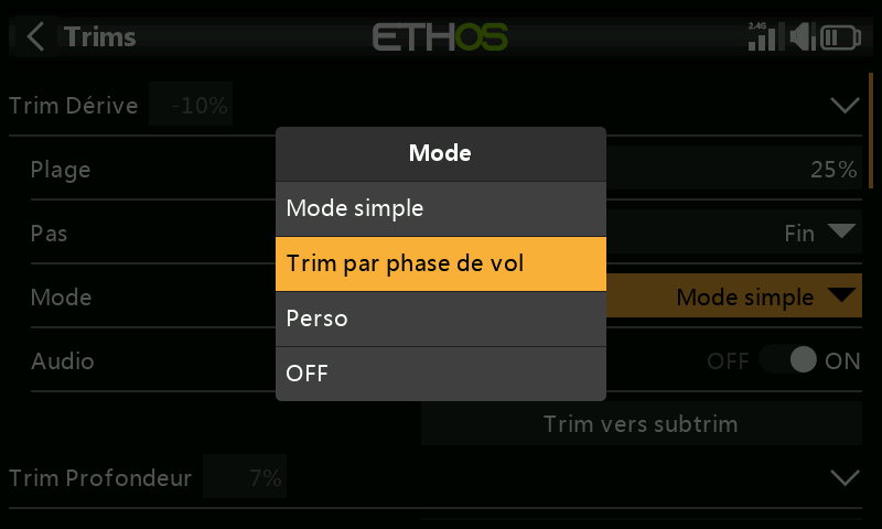Mode : indépendant par mode de vol
