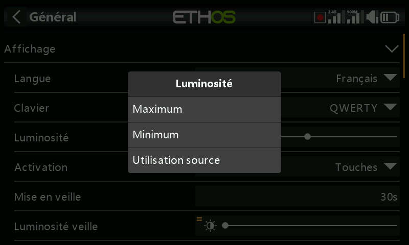 Menu pour la luminosité