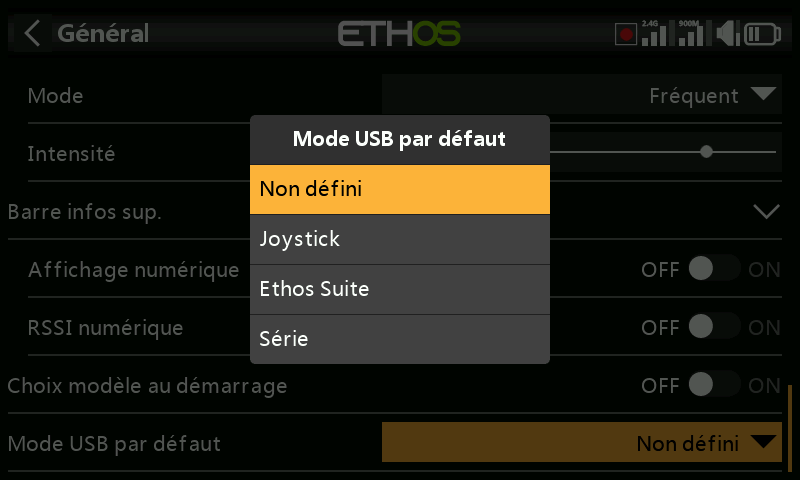 Présélection du mode USB