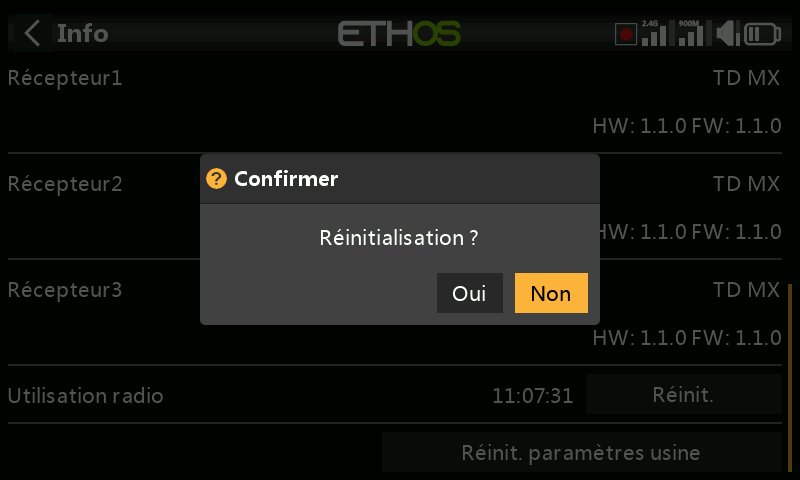 Confirmation de réinitialisation de la radio