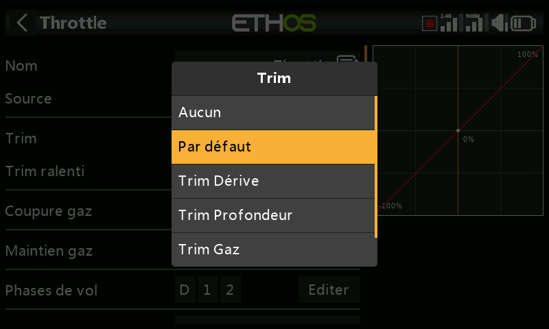 Menu du trim de ralenti