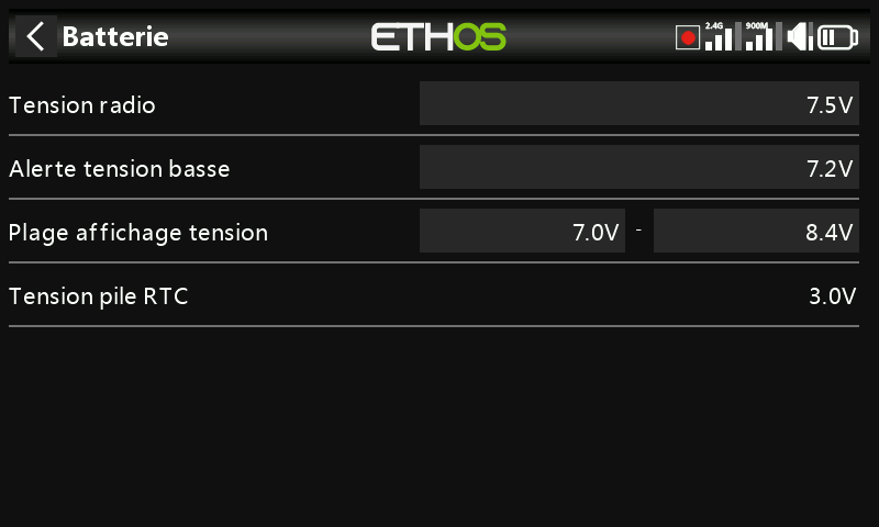 Réglages de la batterie de la radio