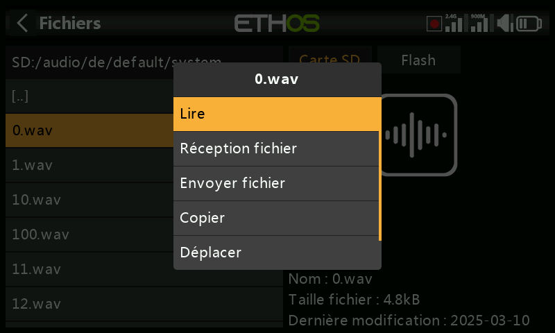 Menu contextuel pour un fichier Wav