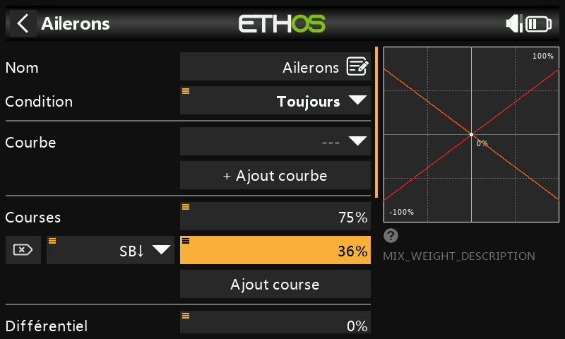 Débattement du mixage ailerons